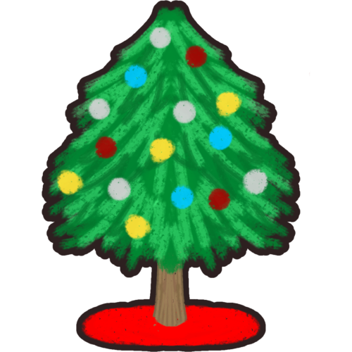  a Christmas tree. It is decorated with colorful ornaments in red, white, blue, and yellow. The tree is green and has a brown trunk. It sits on a red base.